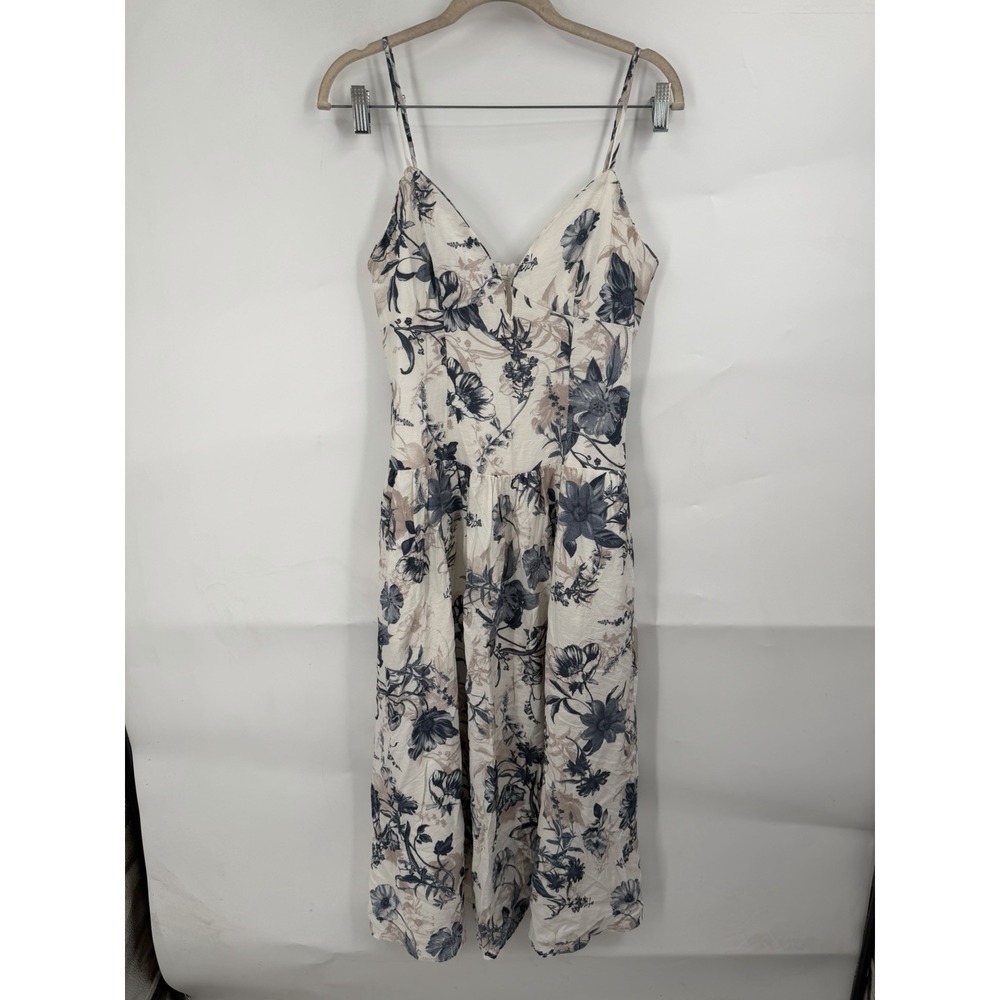 Storia Floral Milkmaid Midi Dress Women‎ M Ivory Cottage Boho Drop Waist Fairy